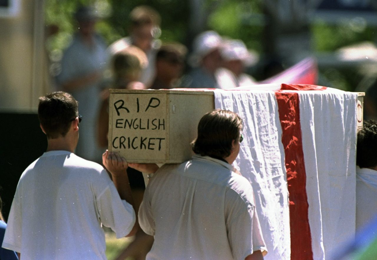 Spectators carry a mock coffin with the words "RIP English Cricket" painted on it, third Test, Australia v England, Adelaide, 1st day, December 11, 1998