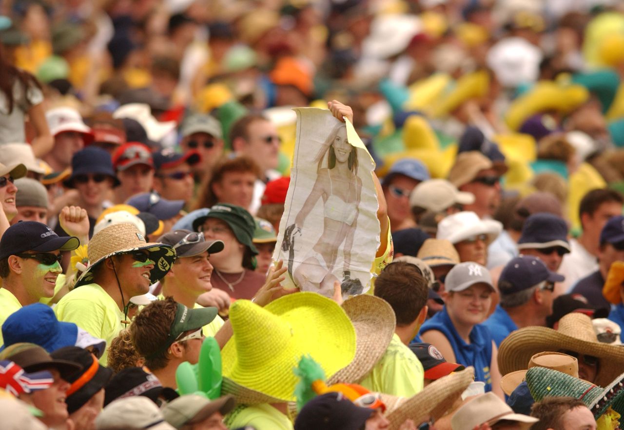 Australian fans hold up a pin-up poster, Australia v South Africa, VB Series, Sydney, January 22, 2002