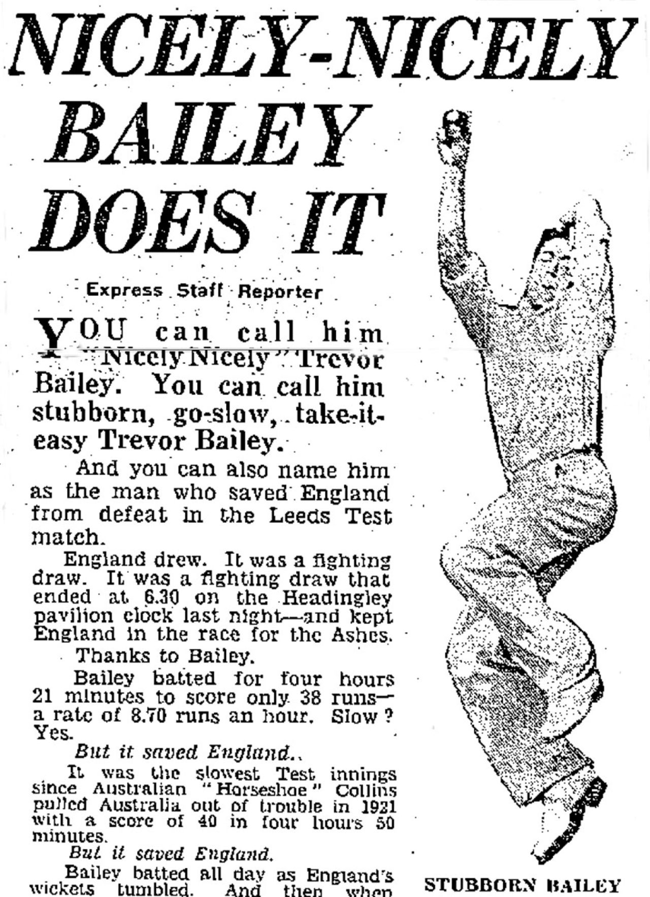 The <I>DAily Express</I> celebrates England's escape at Leeds, England v Australia, 4th Test, Headingley,  July 28, 1953
