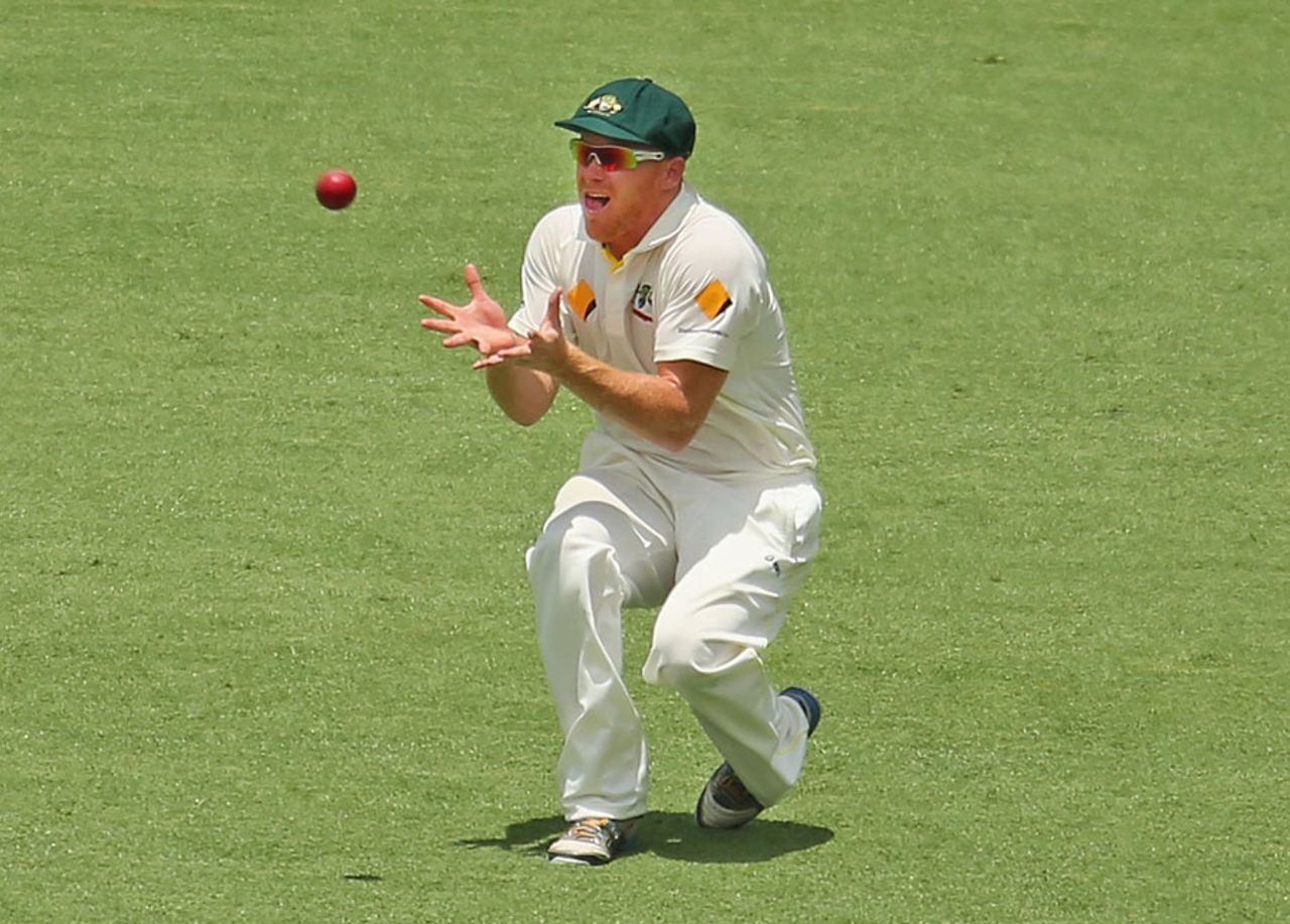 Chris Sabburg steadies himself under the catch to remove Kevin Pietersen, Australia v England, 1st Test, Brisbane, 4th day, November 24, 2013