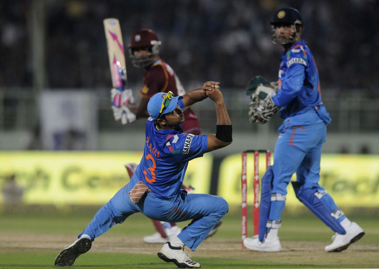 Suresh Raina fluffs a catch, India v West Indies, 2nd ODI, Visakhapatnam, November 24, 2013