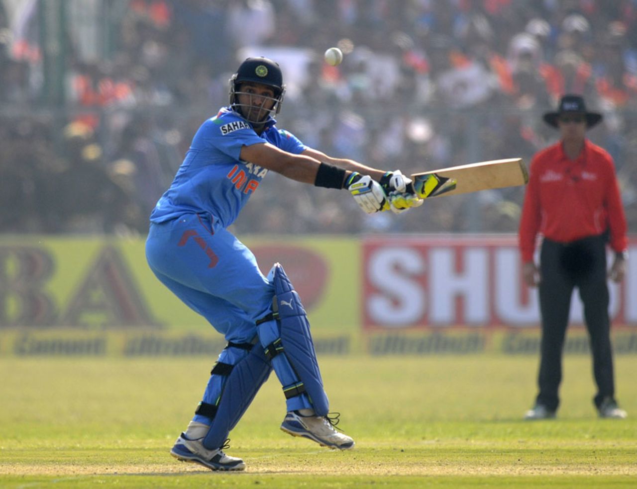 Yuvraj Singh plays a pull, India v West Indies, 3rd ODI, Kanpur, November 27, 2013