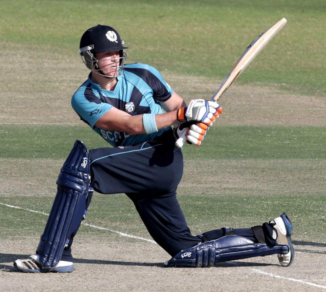 Michael Leask sweeps to the leg side, Netherlands v Scotland, ICC World T20 Qualifier, Qualifying play-off, Abu Dhabi, November 28, 2013