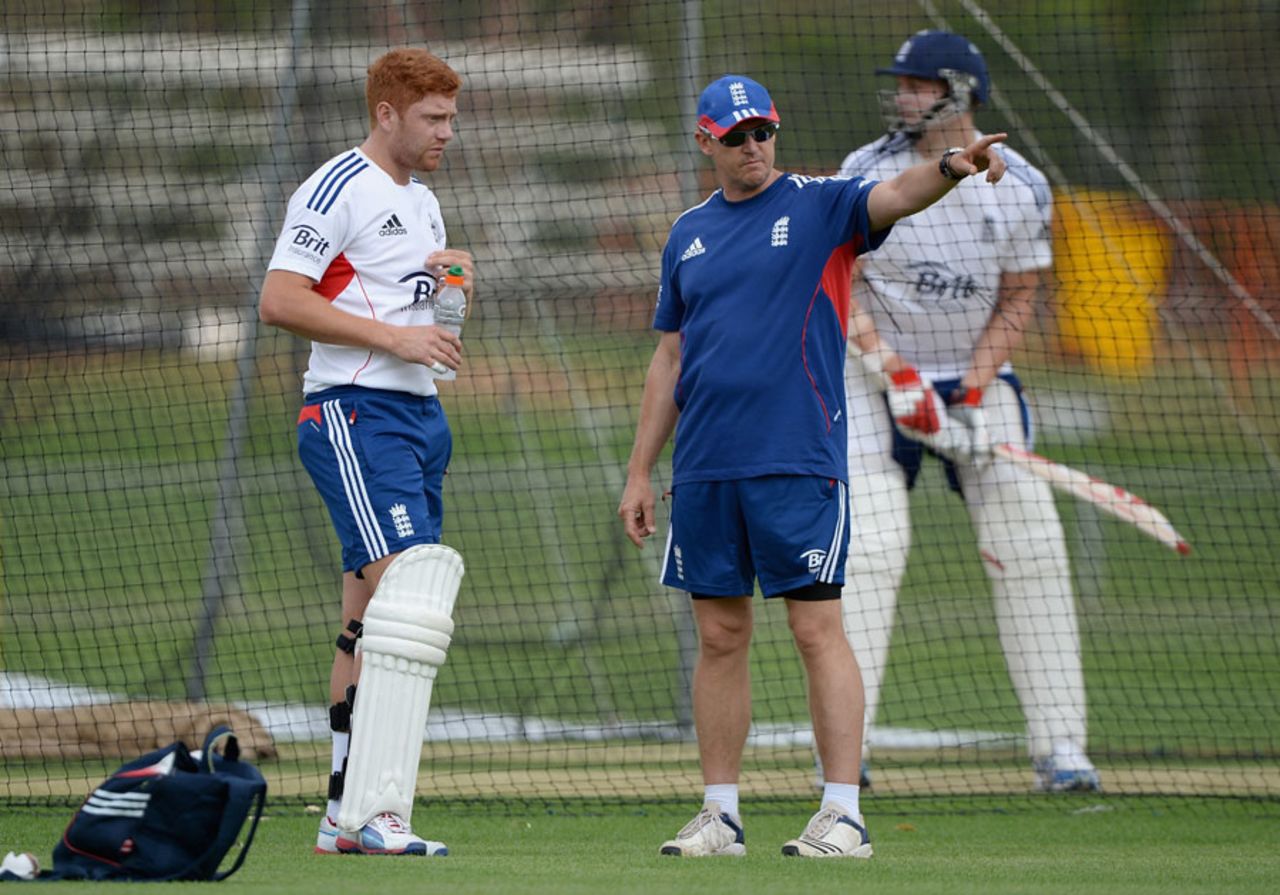 Jonny Bairstow takes instruction from Andy Flower, Alice Springs, November 28, 2013