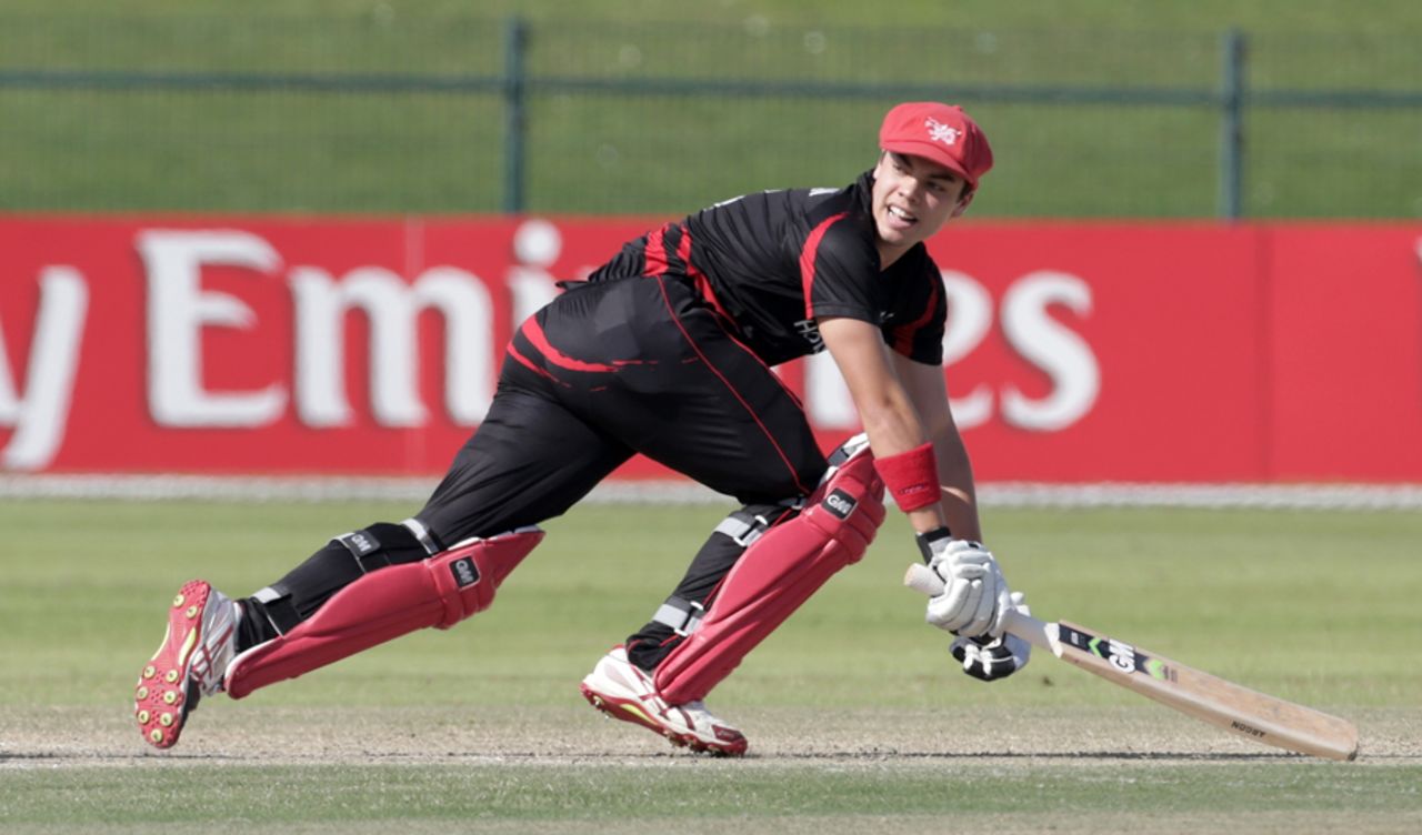 Mark Chapman of Hong Kong batting during the Qualifying Play-off match 64 between Papua New Guinea and Hong Kong at the ICC World Twenty20 Qualifiers at the Zayed Cricket Stadium on November 28, 2013 in Abu Dhabi, United Arab Emirates. (Photo by Graham Crouch-IDI/IDI via Getty Images)