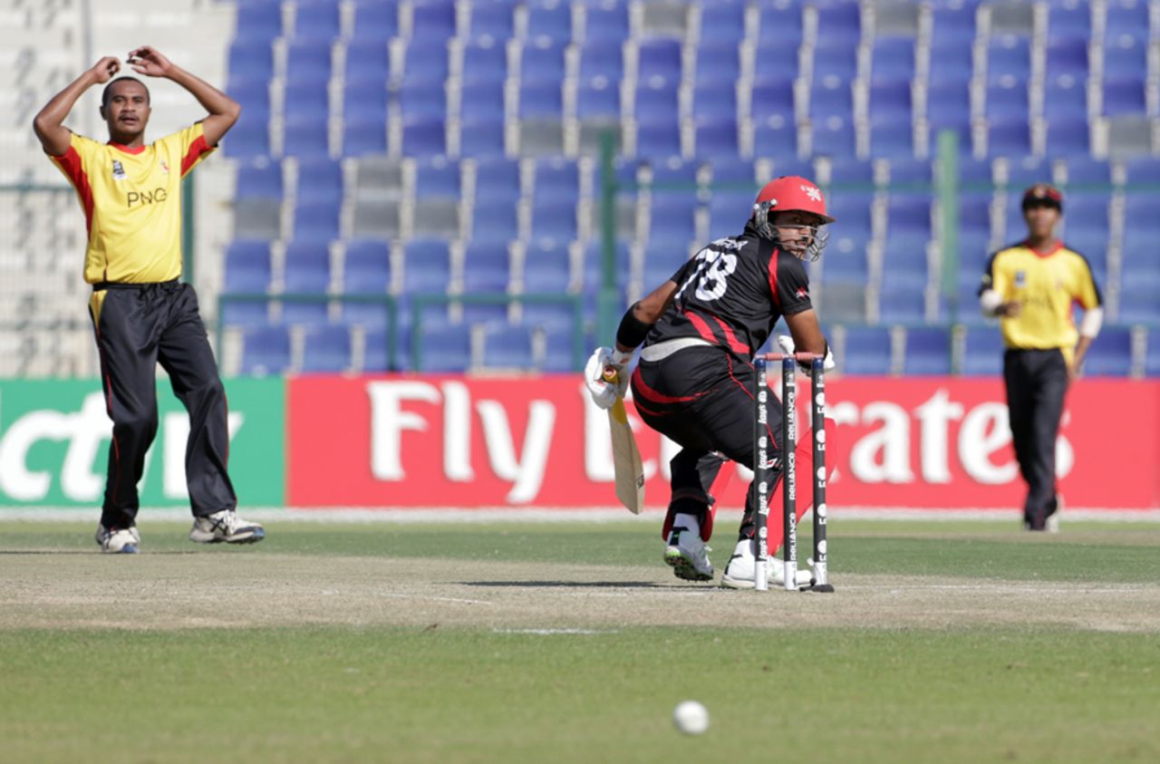 Moner Ahmed batting during the Qualifying Play-off match 64 between Papua New Guinea and Hong Kong at the ICC World Twenty20 Qualifiers at the Zayed Cricket Stadium on November 28, 2013 in Abu Dhabi, United Arab Emirates. (Photo by Graham Crouch-IDI/IDI via Getty Images)