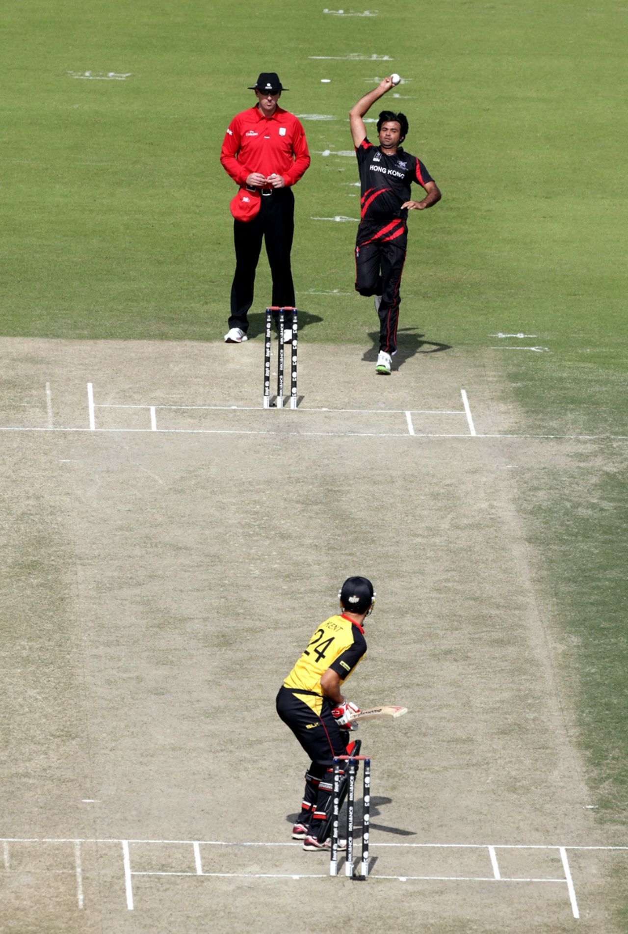 Haseeb Amjad bowling during the Papua New Guinea v Hong Kong Qualifying Play-off match at the ICC World Twenty20 Qualifiers at the Zayed Cricket Stadium on November 28, 2013 in Abu Dhabi, United Arab Emirates. (Photo by Graham Crouch-IDI/IDI via Getty Images)