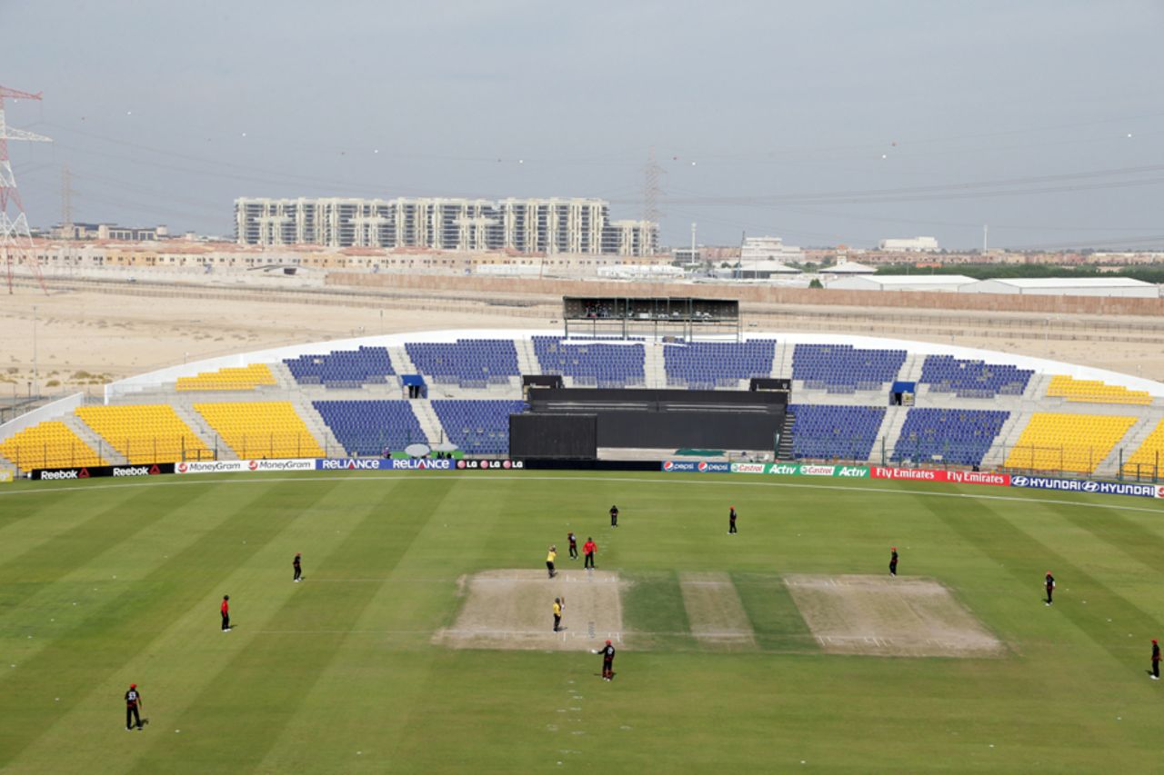 A general view of the stadium during the Papua New Guinea v Hong Kong Qualifying Play-off match at the ICC World Twenty20 Qualifiers at the Zayed Cricket Stadium on November 28, 2013 in Abu Dhabi, United Arab Emirates. (Photo by Graham Crouch-IDI/IDI via Getty Images)