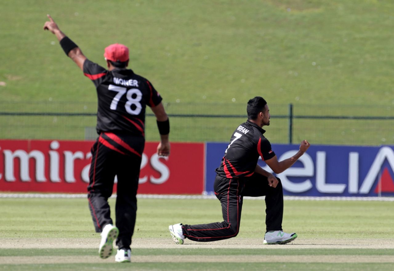 Irfan Ahmed celebrates the LBW wicket of Jack Vare of PNG during of the Papua New Guinea v Hong Kong Qualifying Play-off match at the ICC World Twenty20 Qualifiers at the Zayed Cricket Stadium on November 28, 2013 in Abu Dhabi, United Arab Emirates. (Photo by Graham Crouch-IDI/IDI via Getty Images)