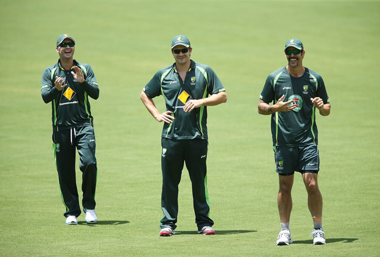 Michael Clarke, Shane Watson and Mitchell Johnson share a laugh, Adelaide, December 2, 2013
