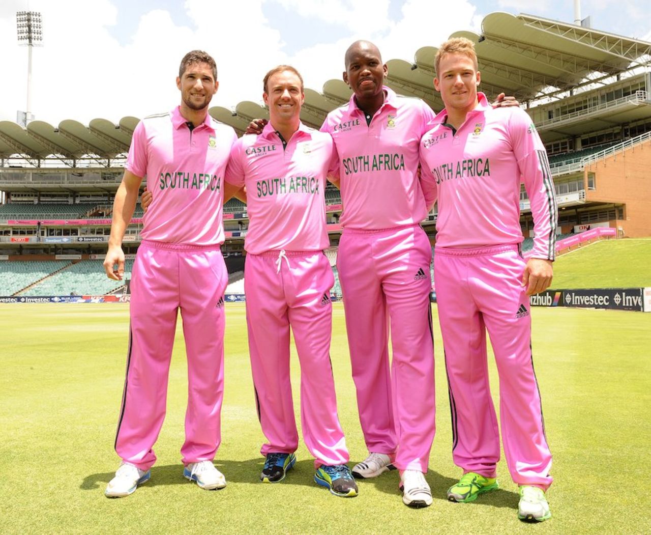 The South African players in their pink kit on the eve of the first ODI against India, Johannesburg, December 4, 2013