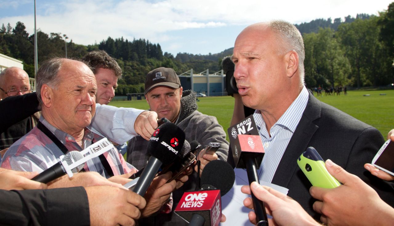 David White, the New Zealand CEO, address the media on the match-fixing investigation, New Zealand v West Indies, 1st Test, Dunedin, 3rd day, December 5, 2013