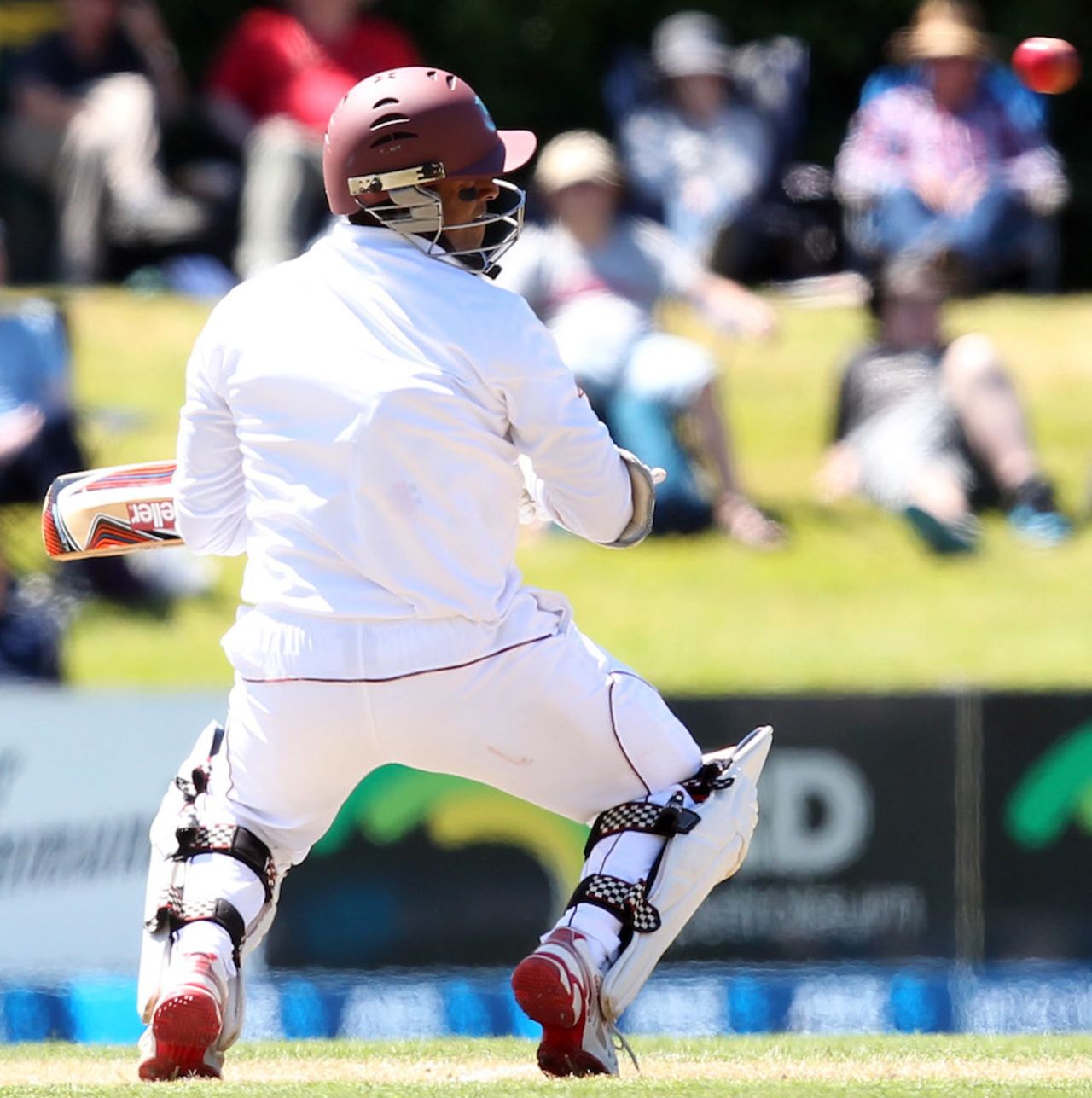 Shivnarine Chanderpaul ducks out of the way of a bouncer, New Zealand v West Indies, 1st Test, Dunedin, 3rd day, December 5, 2013