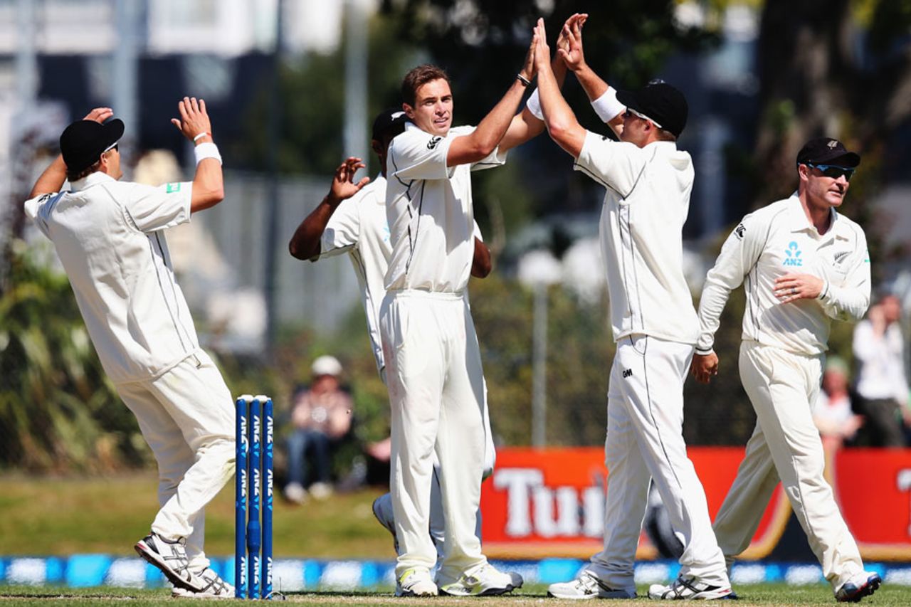 Tim Southee celebrates a wicket, New Zealand v West Indies, 1st Test, Dunedin, 3rd day, December 5, 2013