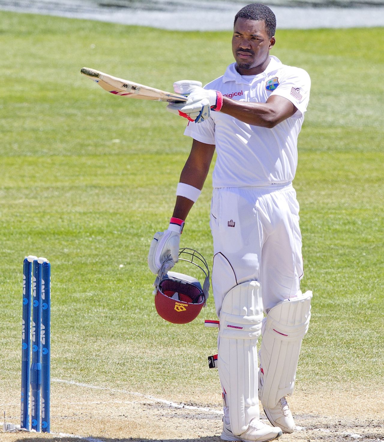 Darren Bravo raises his bat after reaching his fifth Test century, New Zealand v West Indies, 1st Test, Dunedin, 4th day, December 6, 2013