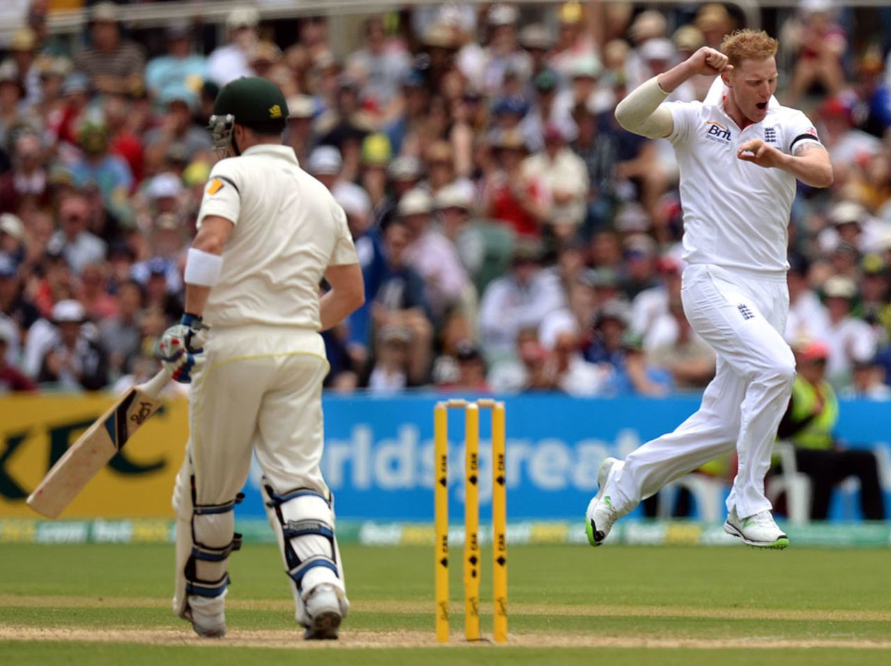 Ben Stokes's celebration proved premature as replays revealed a no ball, Australia v England, 2nd Test, Adelaide, 2nd day, December 6, 2013