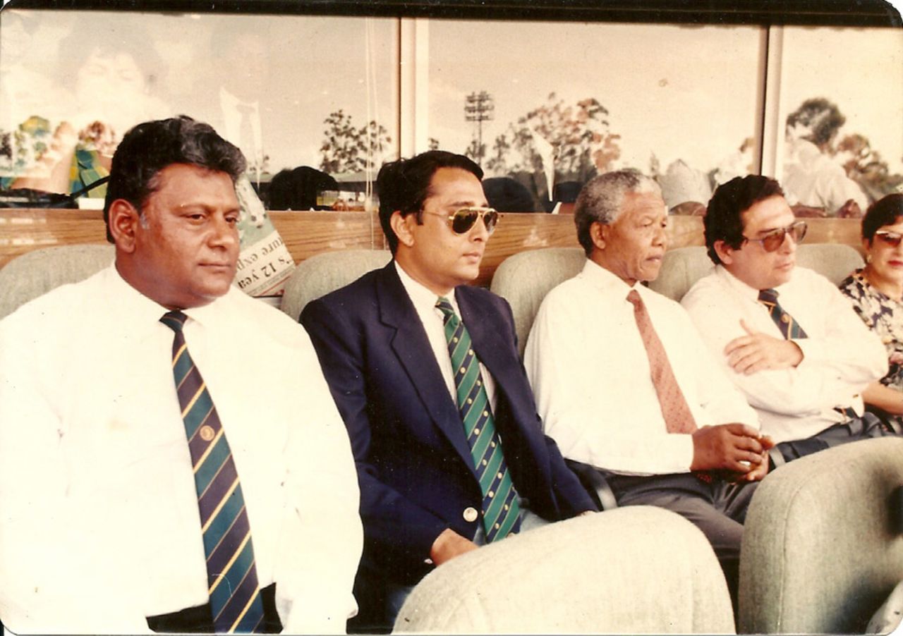 (Second from left onwards) Amrit Mathur, Nelson Mandela and Ali Bacher at the second Test, South Africa v India, Johannesburg, November 1992
