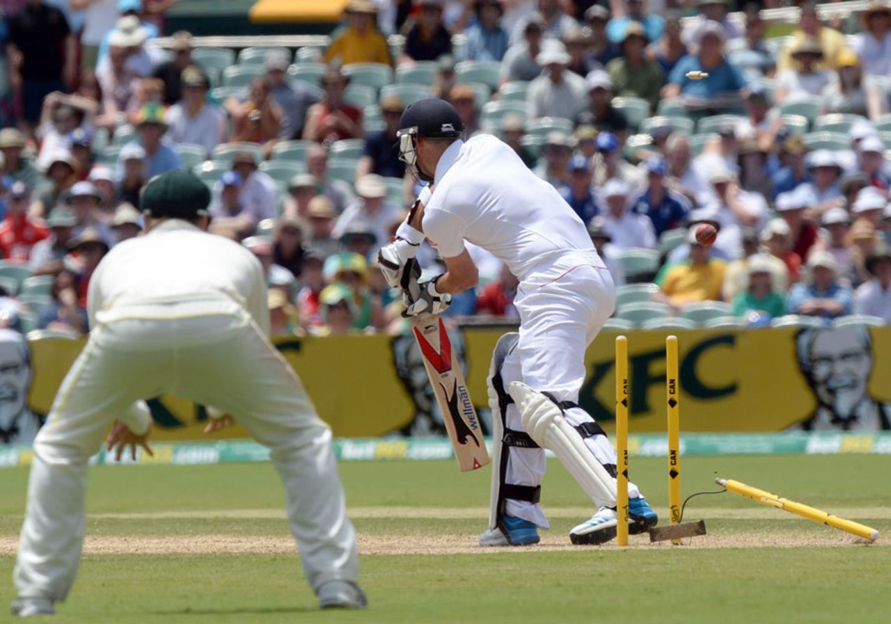 James Anderson was cleaned up first ball by Mitchell Johnson, Australia v England, 2nd Test, Adelaide, 3rd day, December 7, 2013