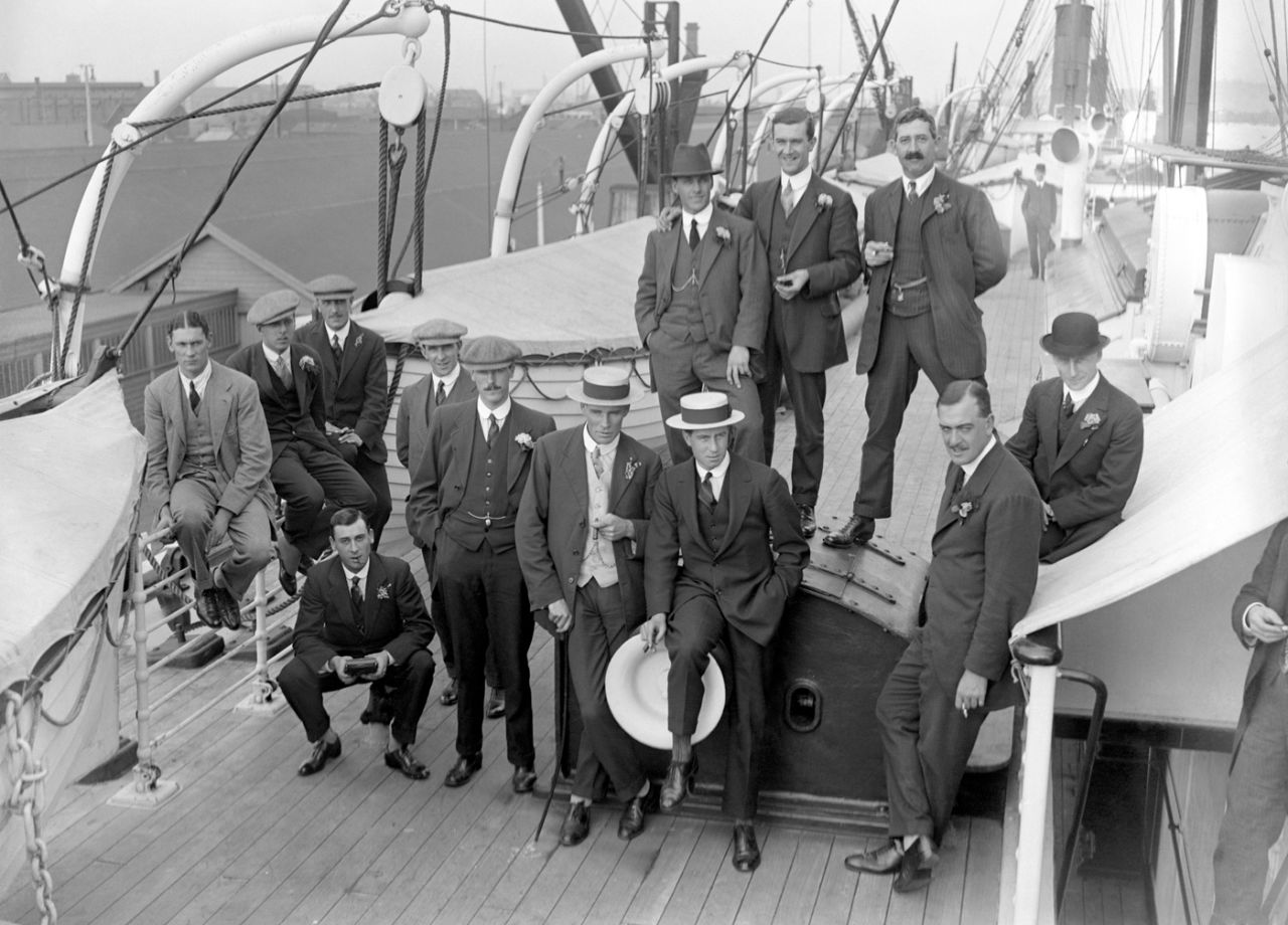 The MCC side on the deck of the RMS Saxon on their way to South Africa, November 1, 1913