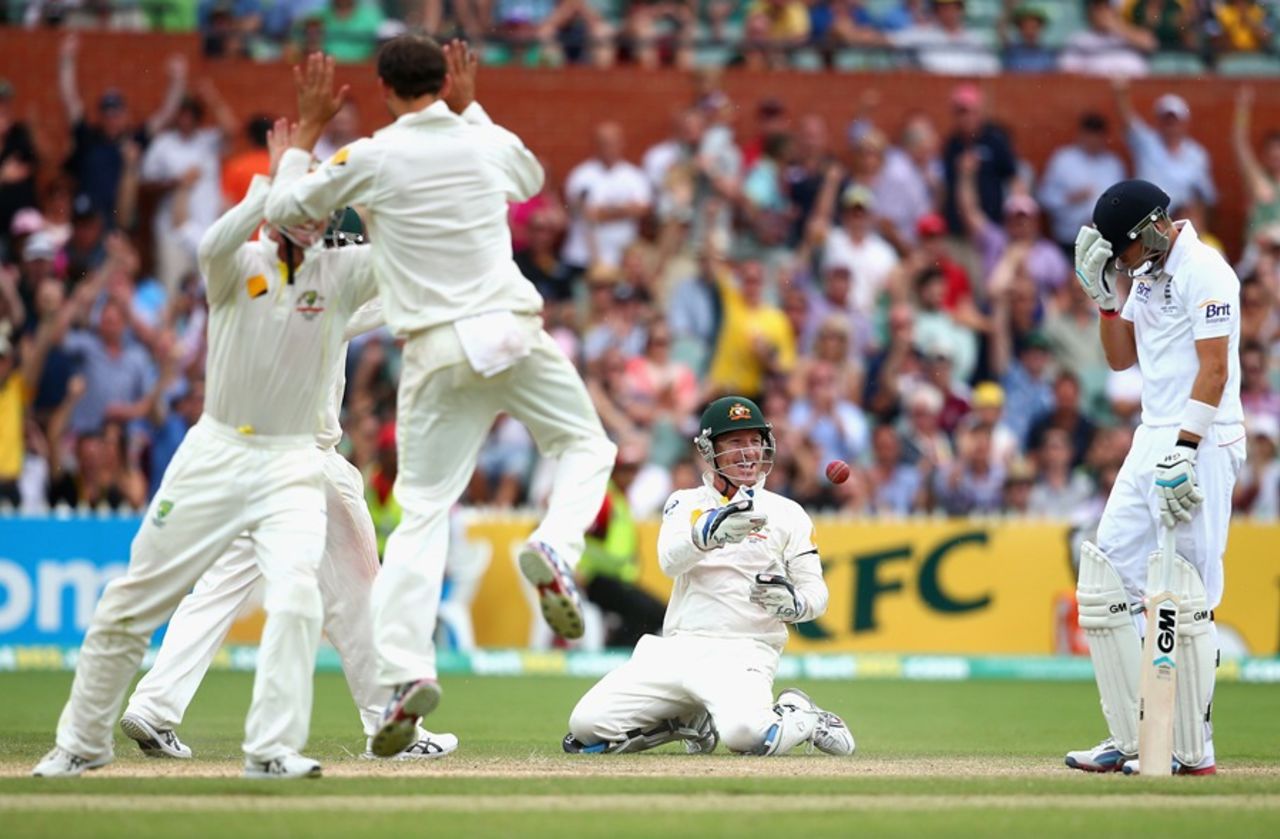 A disappointed Joe Root after being caught by Brad Haddin, Australia v England, 2nd Test, Adelaide, 4th day, December 8, 2013