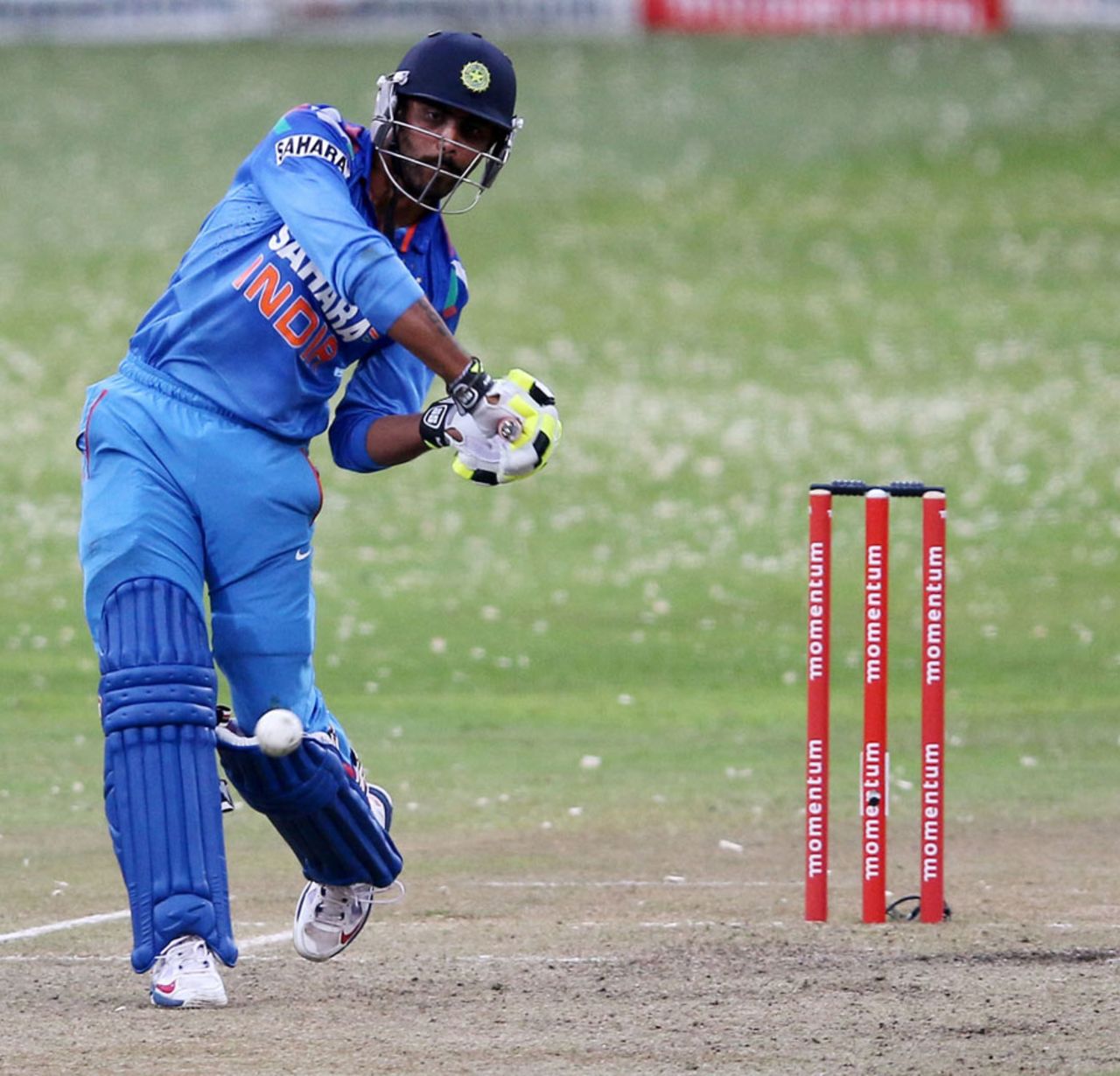 Ravindra Jadeja looks to loft one over the infield, South Africa v India, 2nd ODI, Durban, December 8, 2013