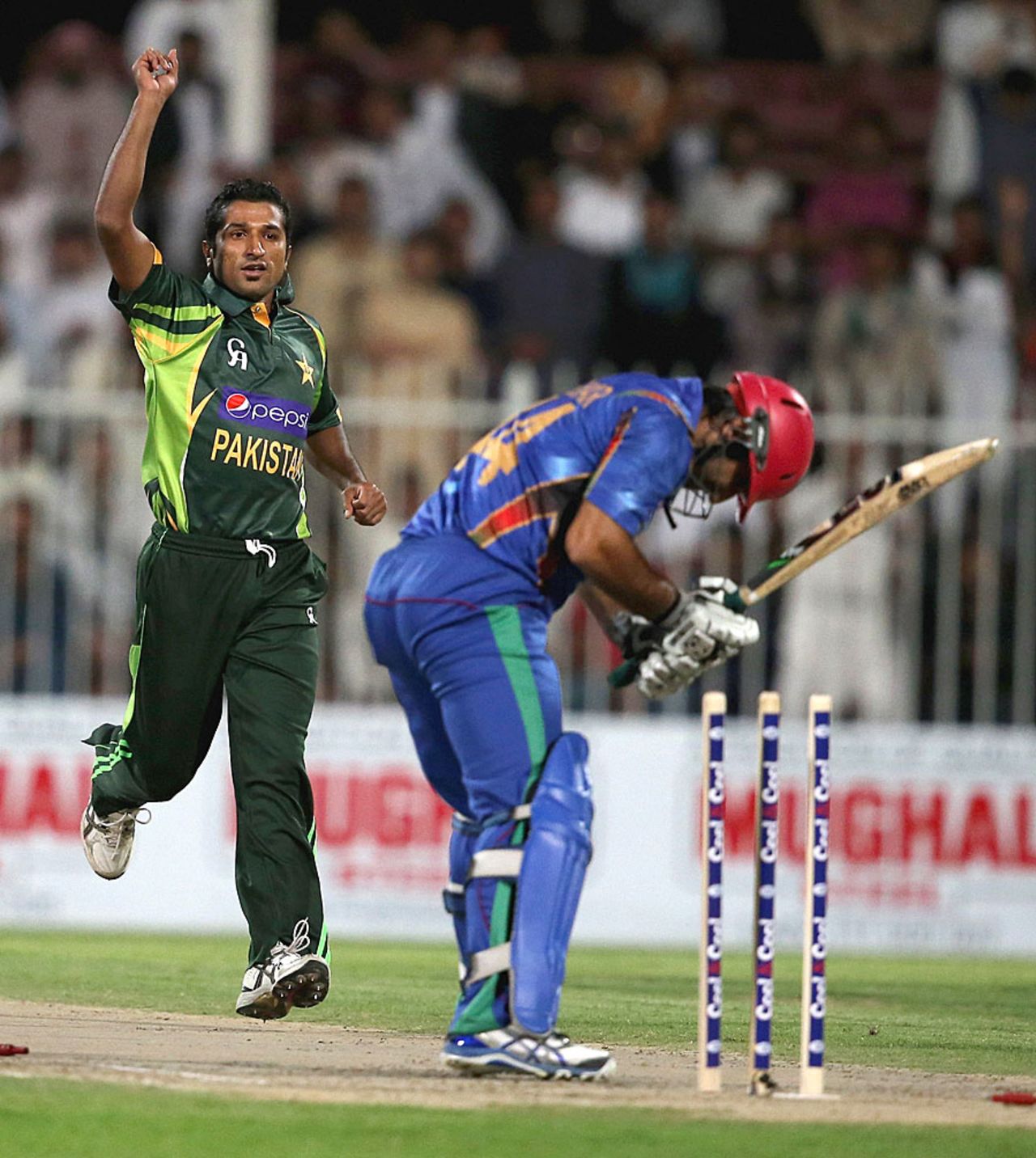 Asghar Stanikzai was bowled by Bilawal Bhatti, Afghanistan v Pakistan, only T20, Sharjah, December 8, 2013