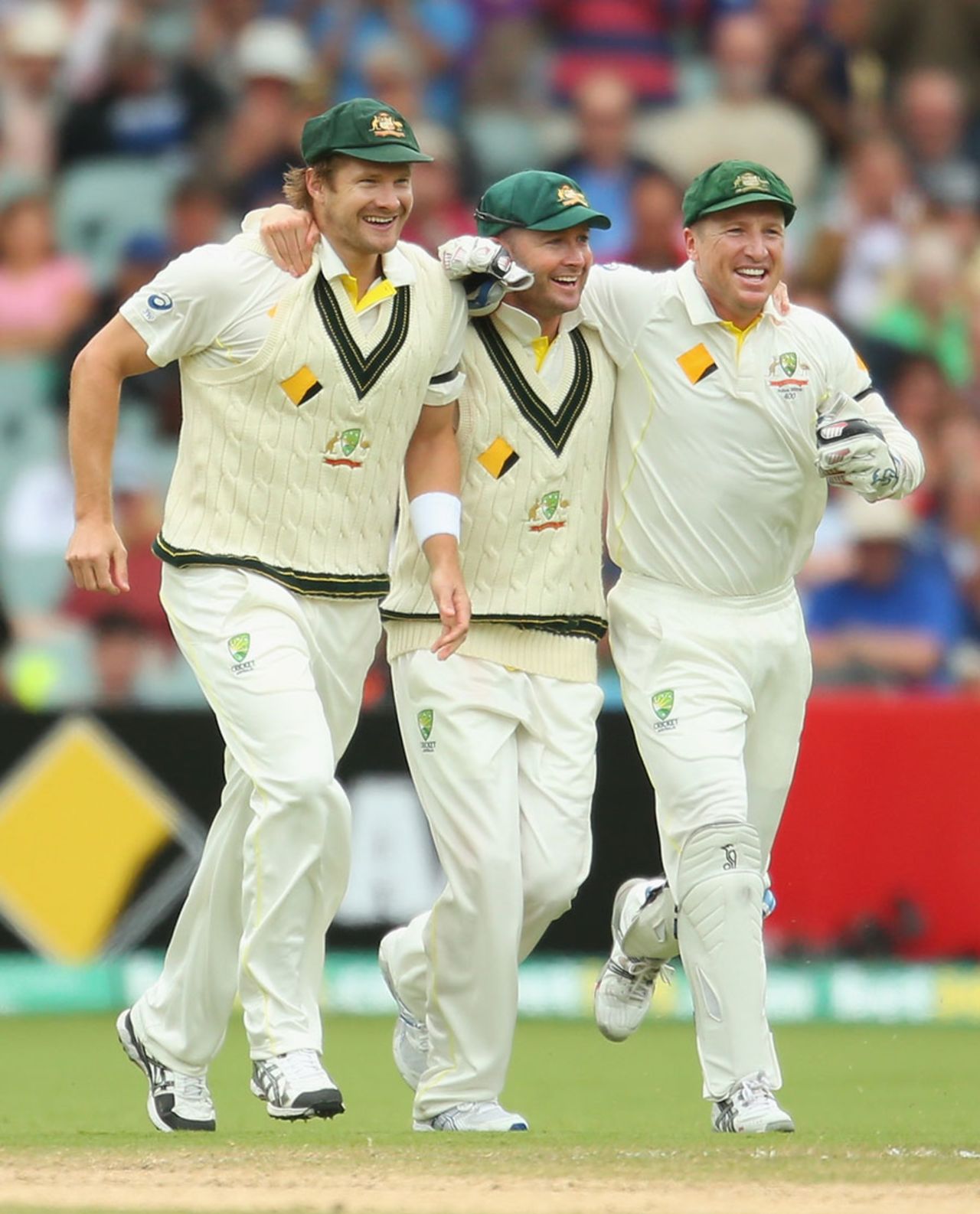 Shane Watson, Michael Clarke and Brad Haddin enjoy the moment of victory, Australia v England, 2nd Test, Adelaide, 5th day, December 9, 2013