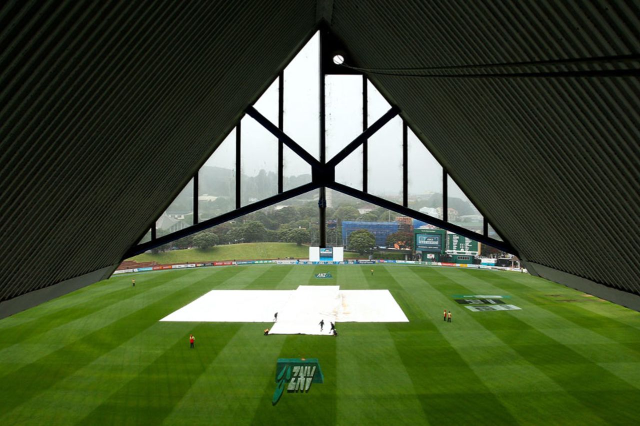 The pitch at the Basin Reserve is covered during a rain interruption, New Zealand v West Indies, 2nd Test, Wellington, 2nd day, December 12, 2013