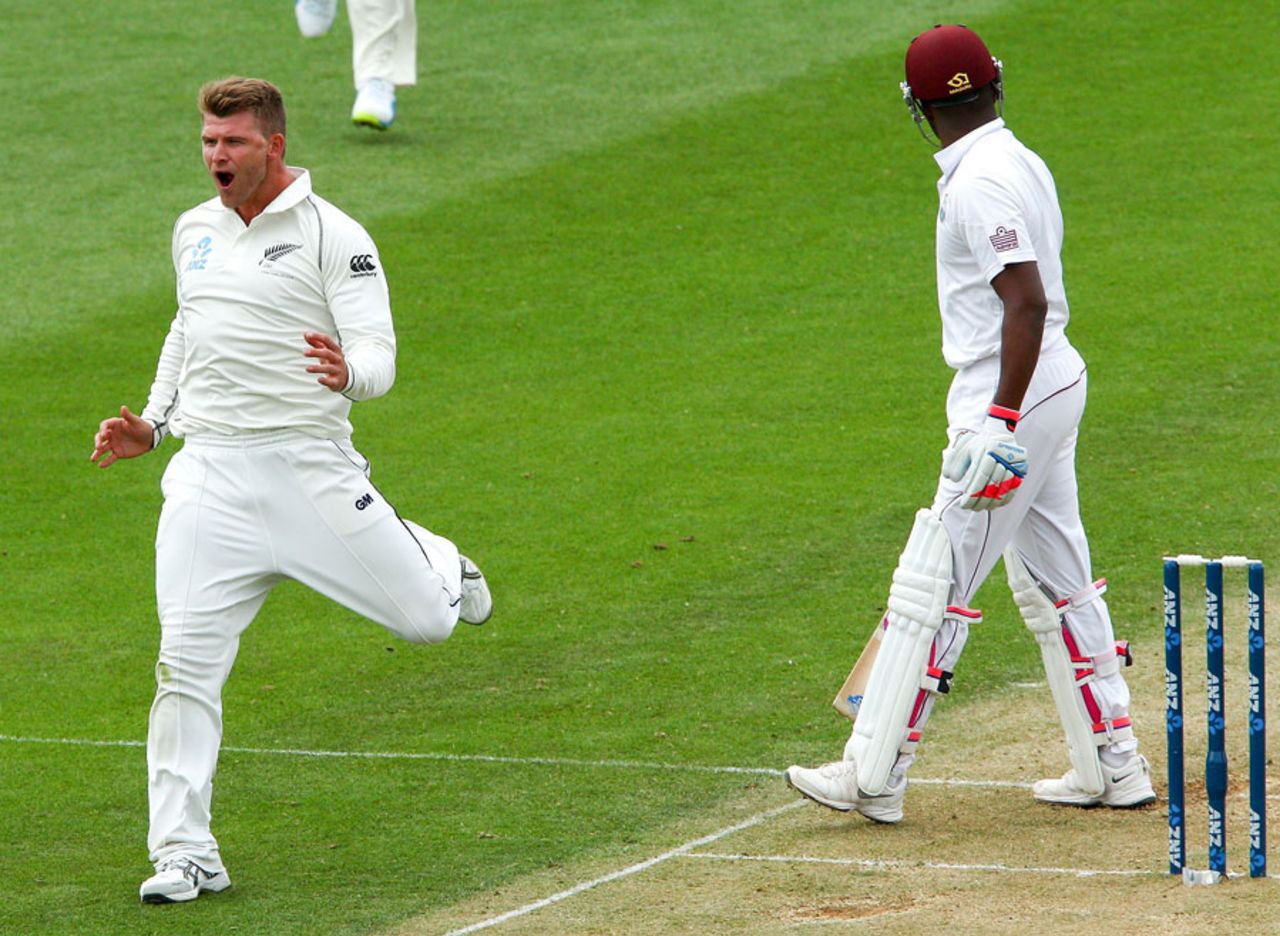 Corey Anderson exults after dismissing Darren Bravo in his first over, New Zealand v West Indies, 2nd Test, Wellington, 2nd day, December 12, 2013