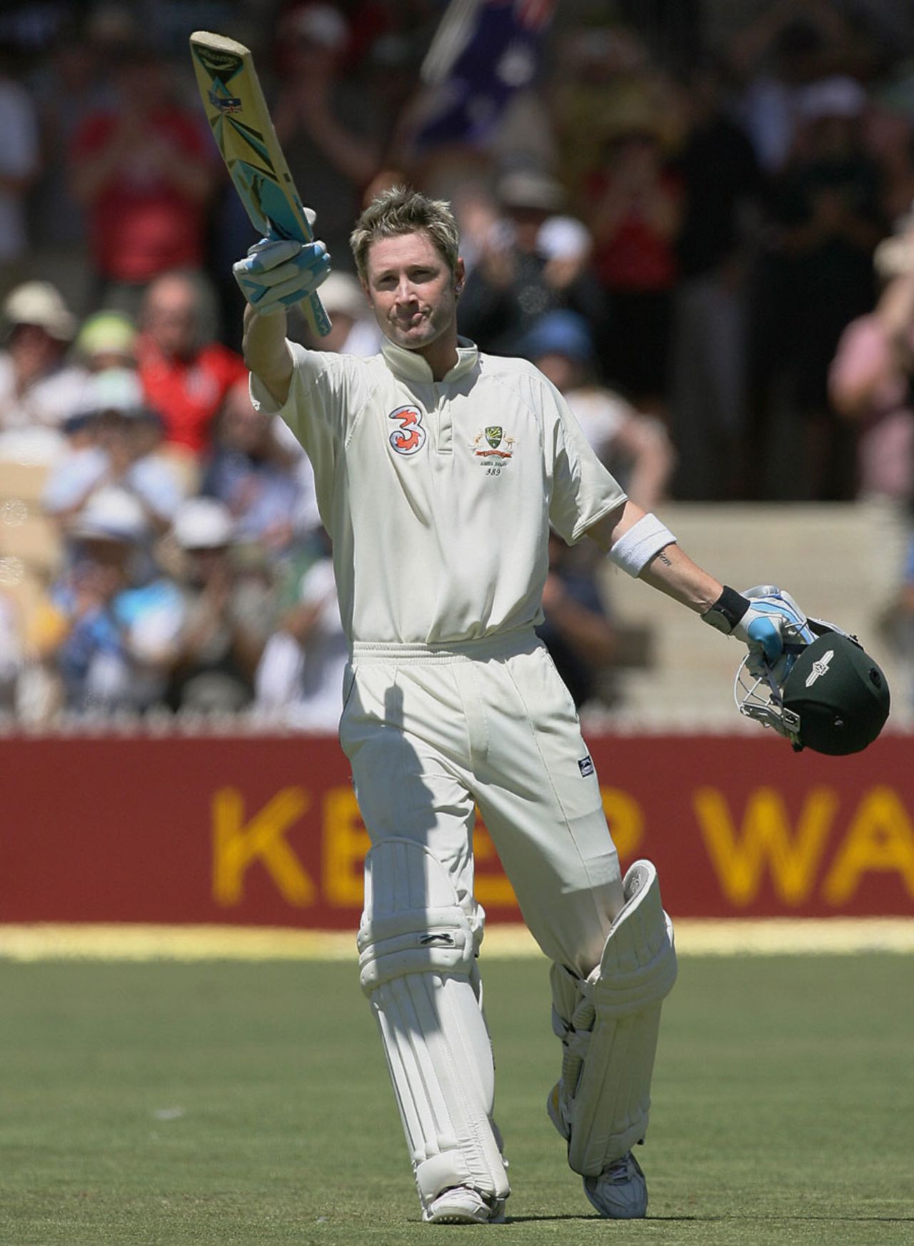 Michael Clarke salutes the crowd after reaching a third Test century, Australia v England, 2nd Test, Adelaide, December 4, 2006