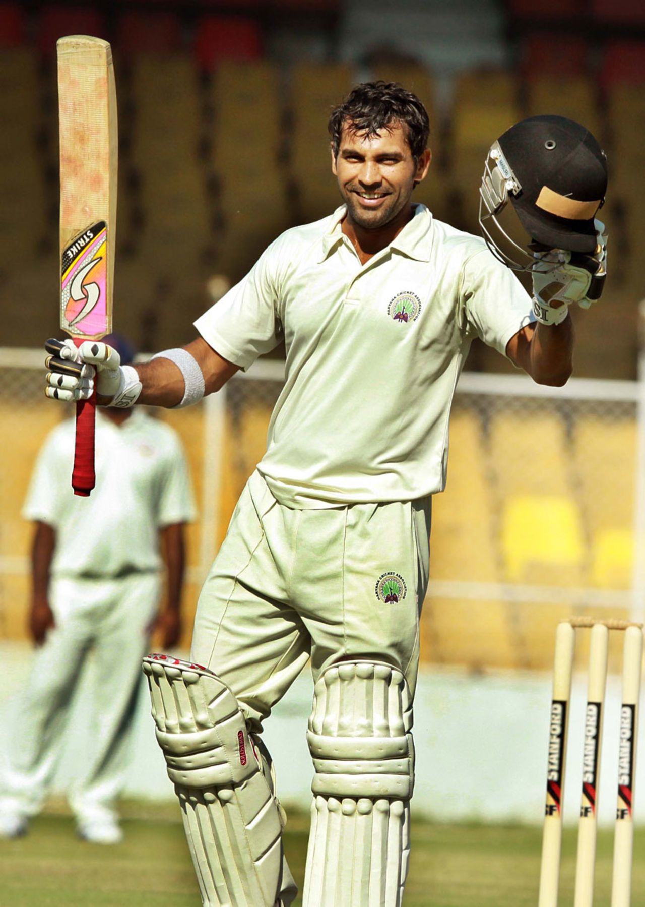Sachin Rana is all smiles after getting a ton, Gujarat v Haryana, Ranji Trophy 2013-14, Group A, 2nd day, Ahmedabad, December 15, 2013
