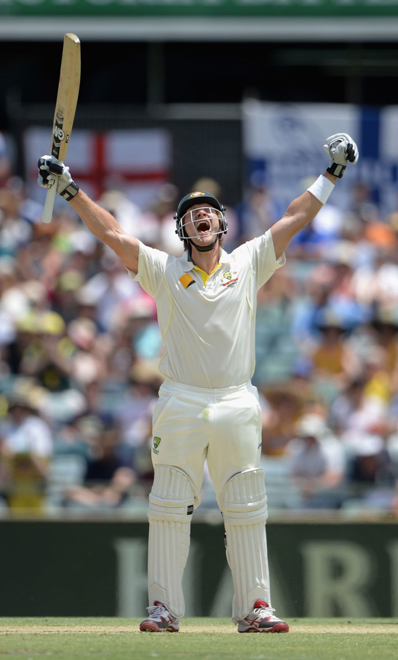Shane Watson exults after scoring his fourth Test hundred, Australia v England, Test, Perth, 4th day, December 16, 2013