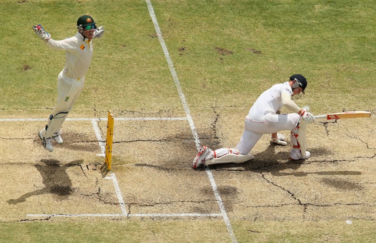 Brad Haddin leaps to celebrate taking a bottom edge off Ben Stokes, Australia v England, Test, Perth, 5th day, December 17, 2013