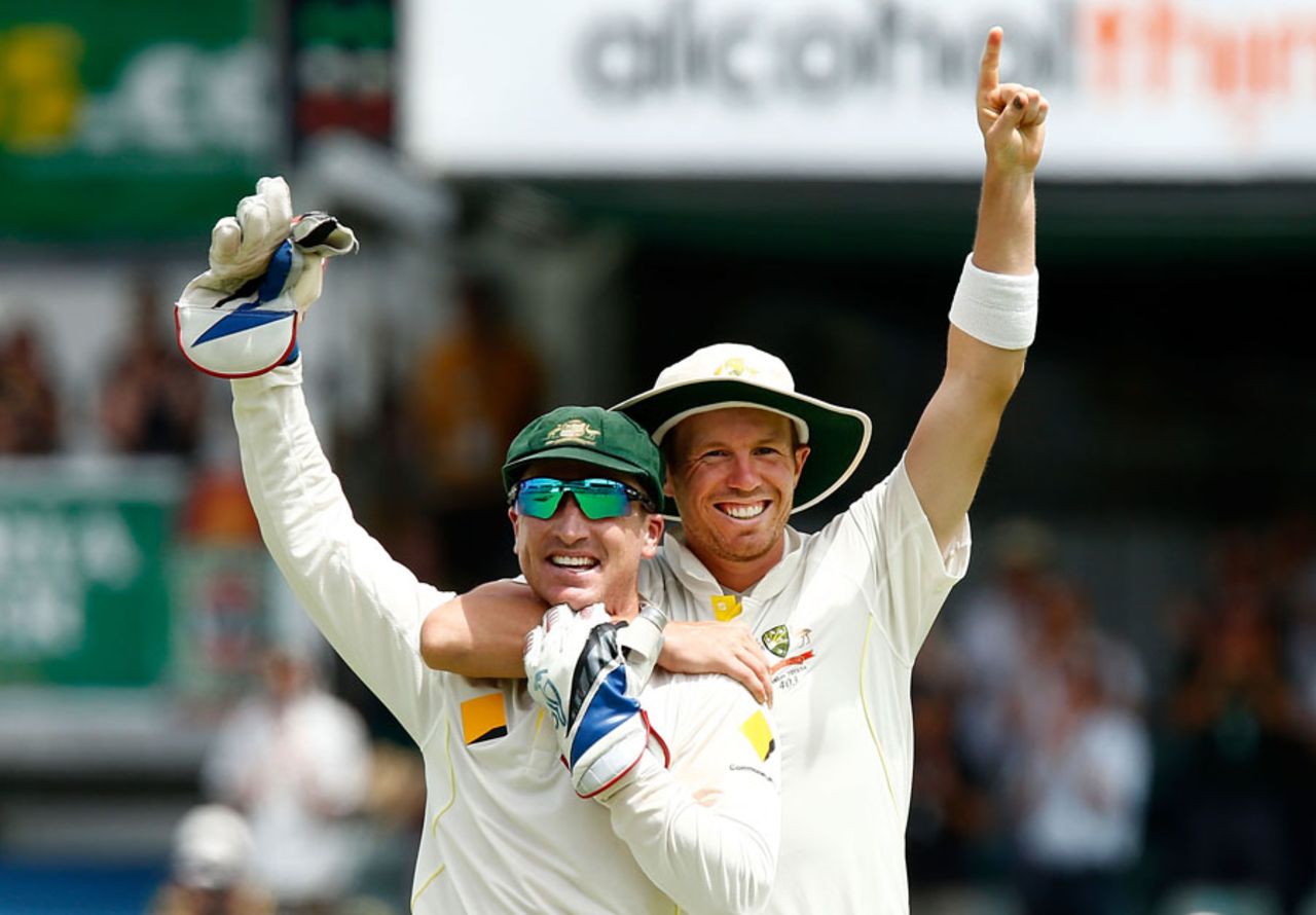 Brad Haddin and Peter Siddle enjoy the moment of victory, Australia v England, Test, Perth, 5th day, December 17, 2013