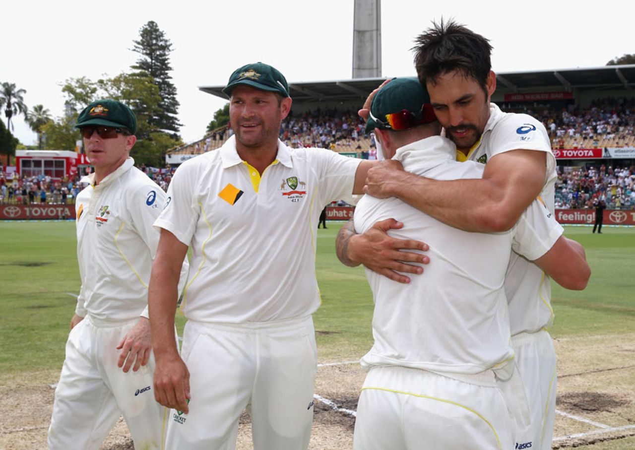 Mitchell Johnson gets a celebratory hug, Australia v England, Test, Perth, 5th day, December 17, 2013