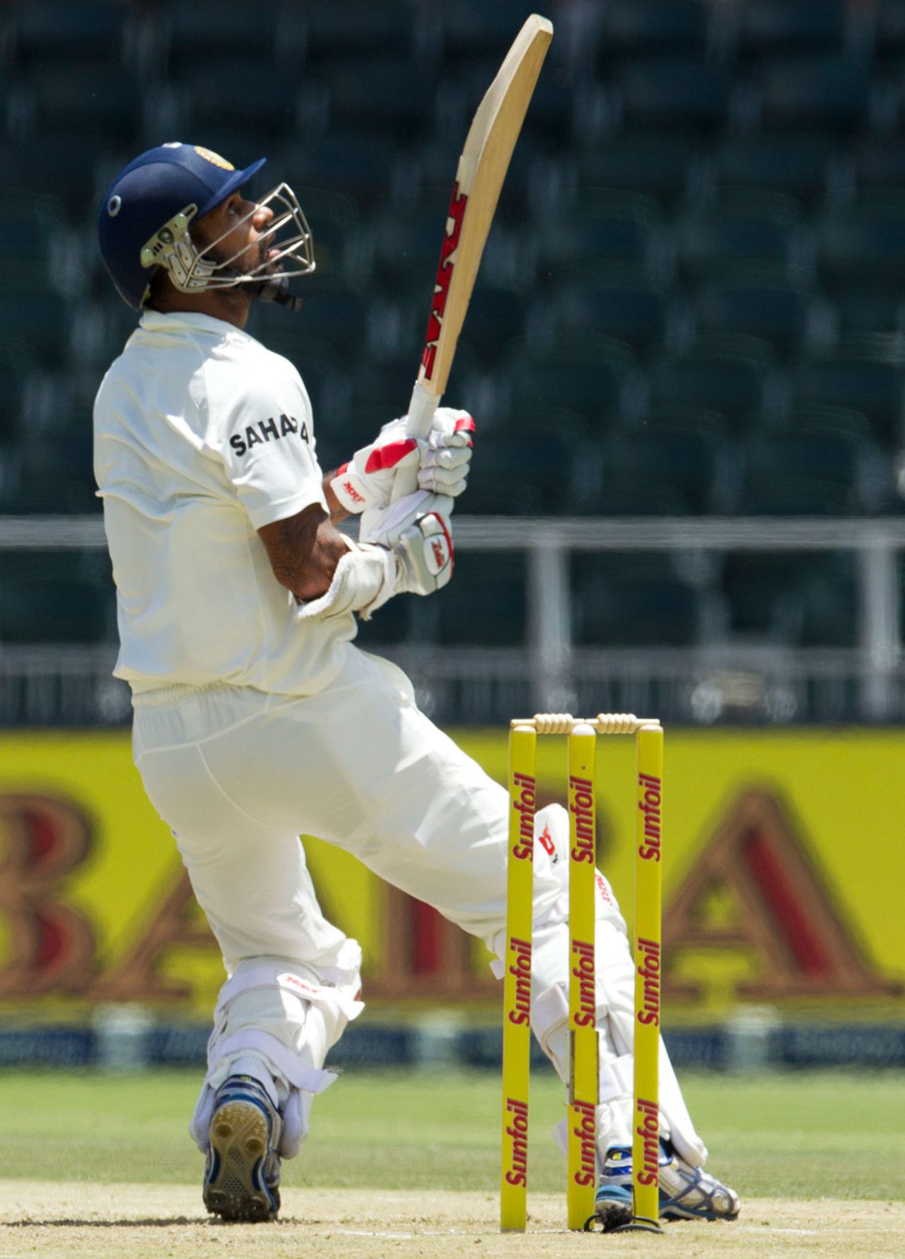 Shikhar Dhawan hooks towards the fine leg boundary,South Africa v India, 1st Test, Johannesburg, 1st day, December 18, 2013