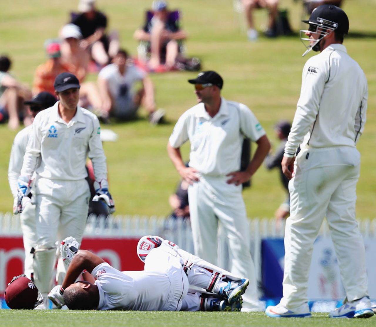 Kieran Powell is felled by a nasty bouncer, New Zealand v West Indies, 3rd Test, Hamilton, 1st day, December 19, 2013
