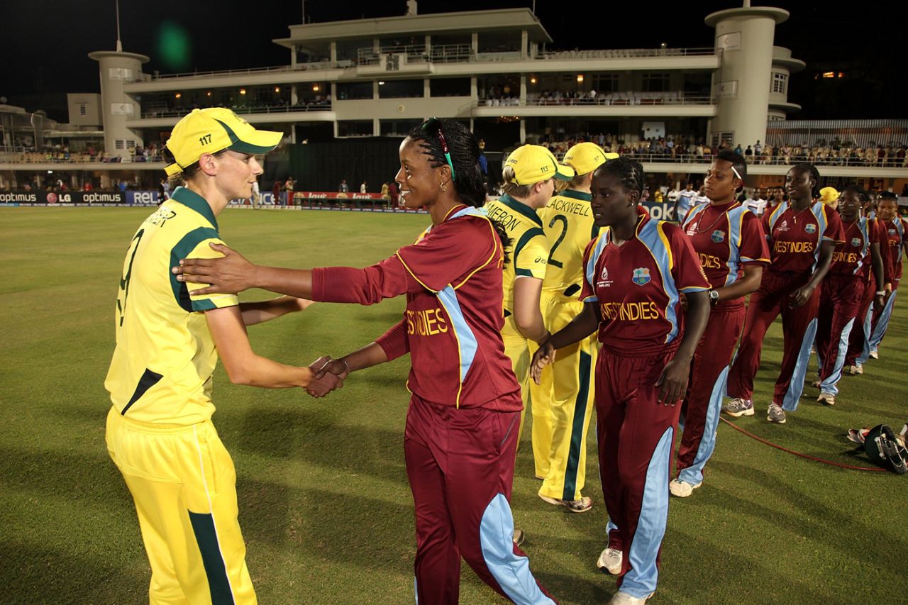 West Indies' players congratulate Australia for winning the World Cup, Australia v West Indies, Women's World Cup, final, Mumbai, February 17, 2013
