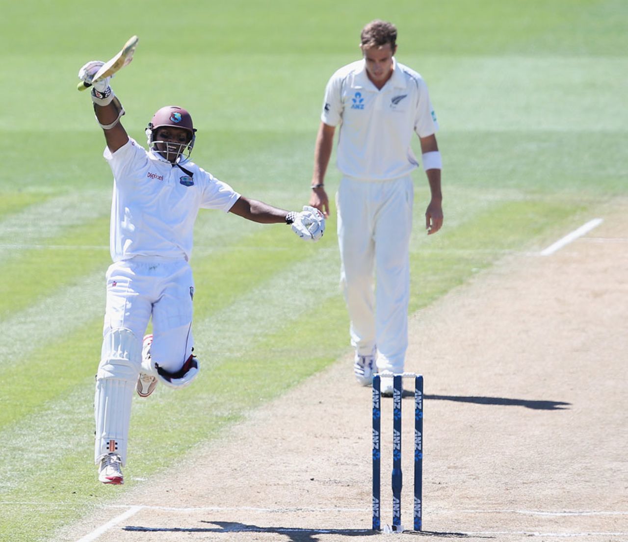 Shivnarine Chanderpaul celebrates after reaching his 29th Test century, New Zealand v West Indies, 3rd Test, Hamilton, 2nd day, December 20, 2013