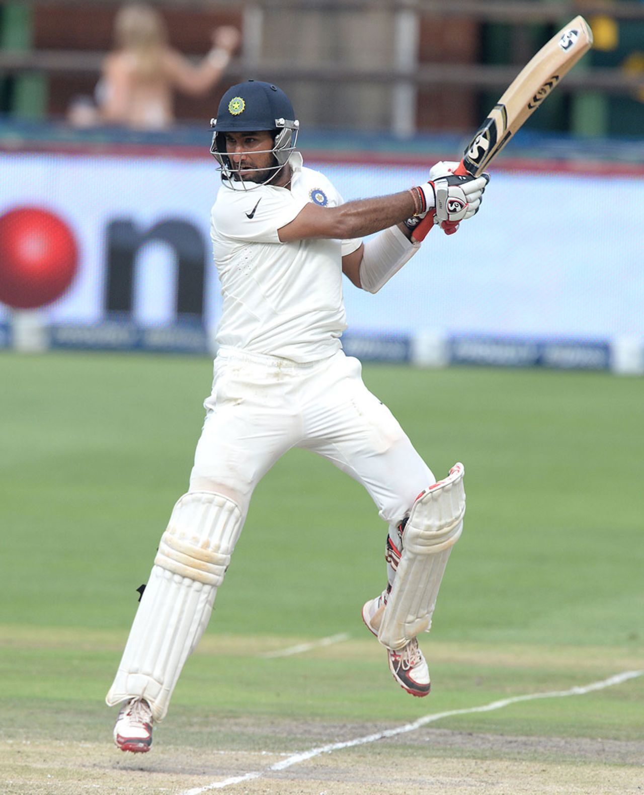 Cheteshwar Pujara gets off the ground to cut, South Africa v India, 1st Test, Johannesburg, 3rd day, December 20, 2013