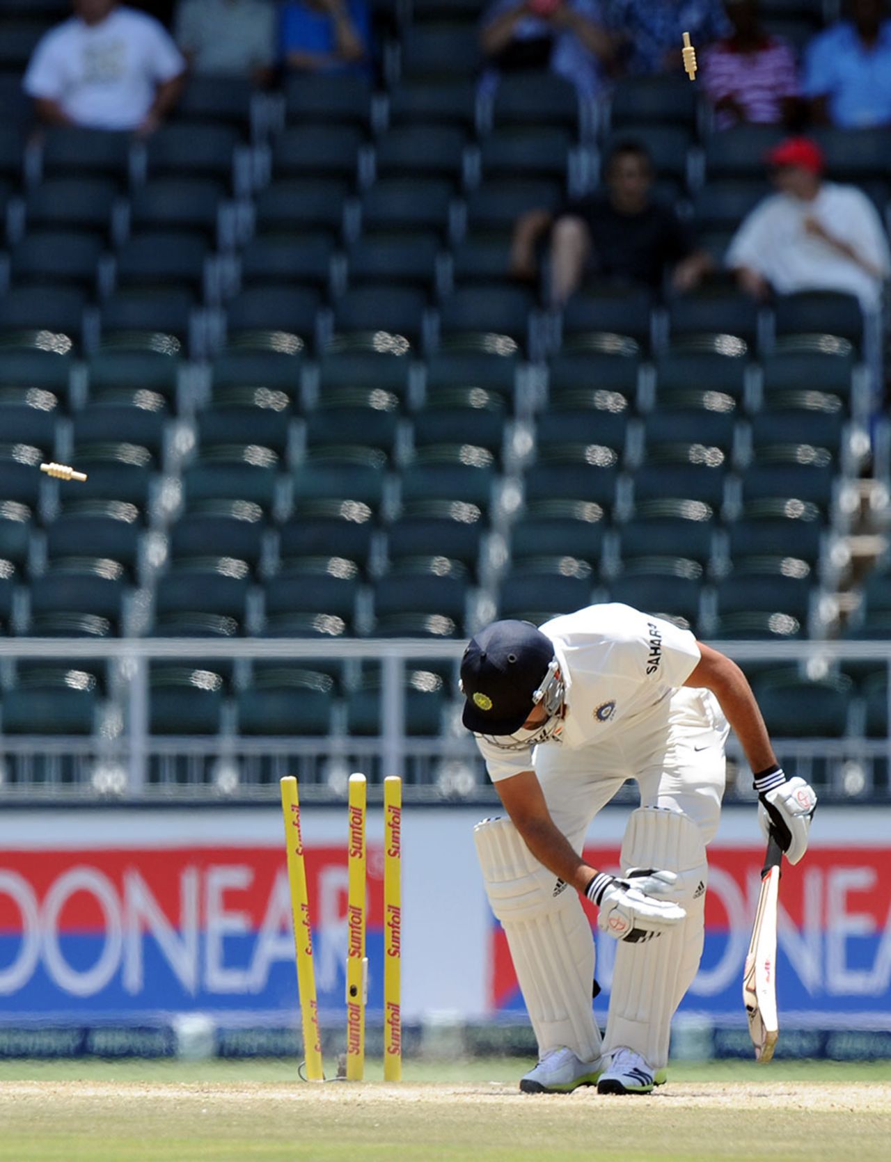 Rohit Sharma is bowled, South Africa v India, 1st Test, Johannesburg, 4th day, December 21, 2013