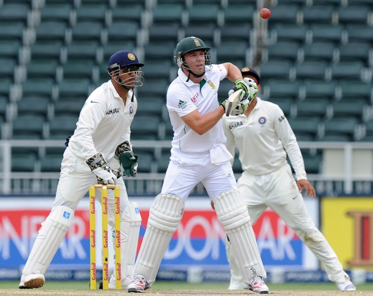 AB de Villiers defends the ball, South Africa v India, 1st Test, Johannesburg, 5th day, December 22, 2013