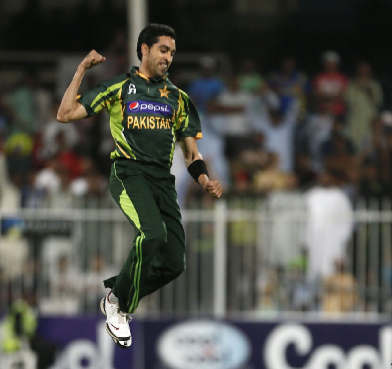 Umar Gul exults after taking a wicket on his comeback, Pakistan v Sri Lanka, 3rd ODI, Sharjah, December 22, 2013
