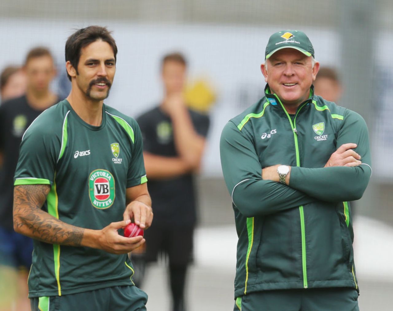 Mitchell Johnson and Craig McDermott at a training session, Melbourne, December 23, 2013