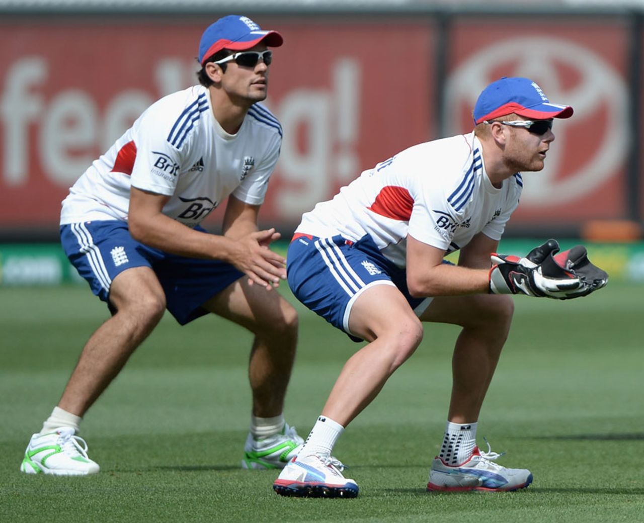 Alastair Cook and Jonny Bairstow get catching practice at a nets session, Melbourne, December 25, 2013
