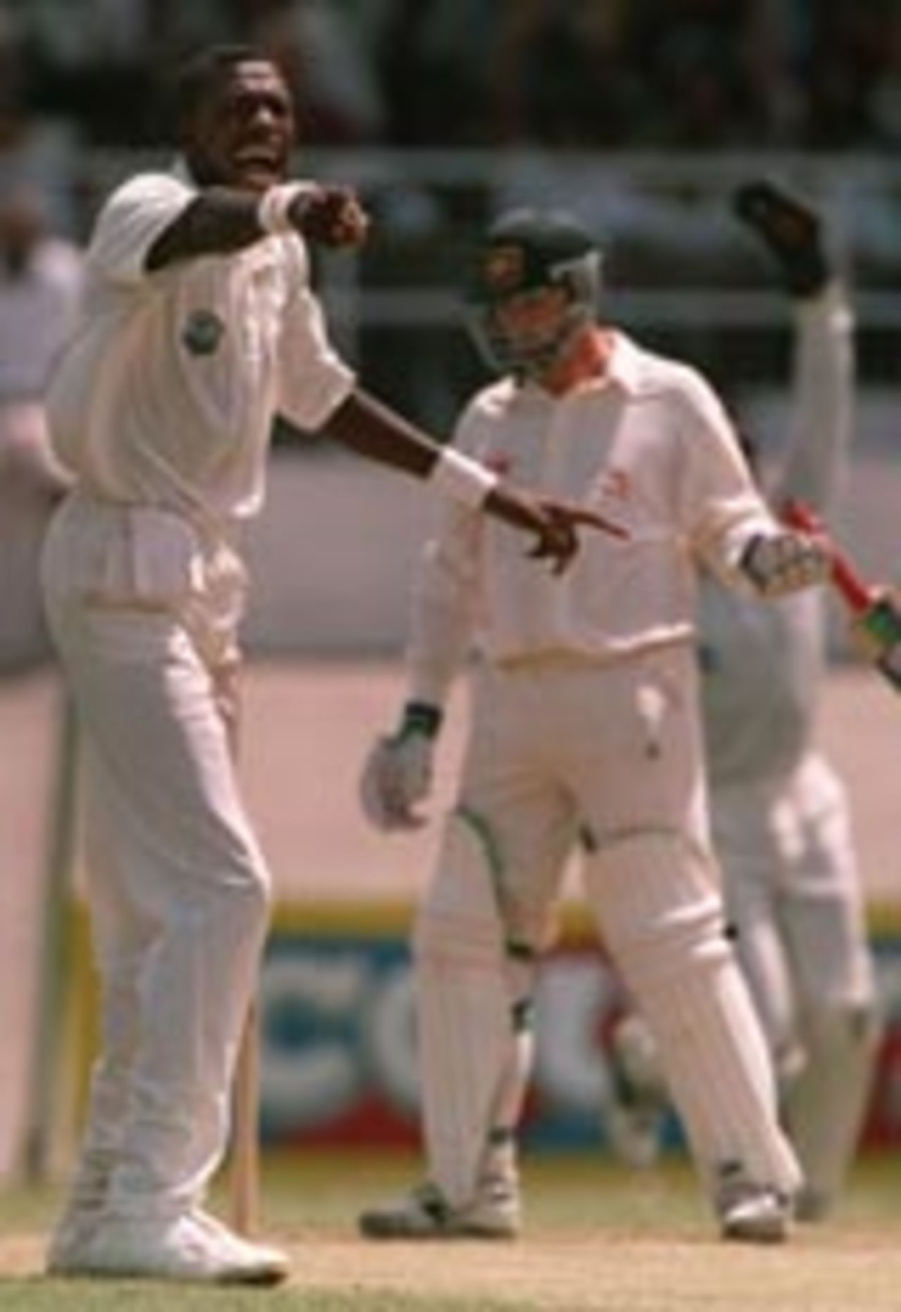 Curtly Ambrose appeals against Steve Waugh during the memorable Trinidad Test, April 22, 1995