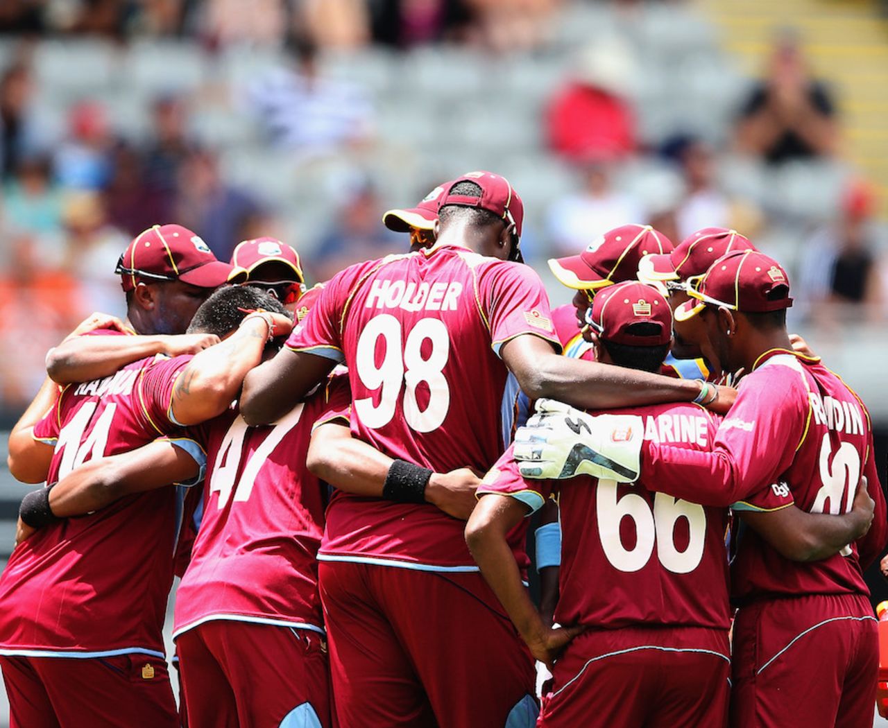 West Indies players get into a huddle after the dismissal of Martin Guptill, New Zealand v West Indies, 1st ODI, Auckland, December 26, 2013