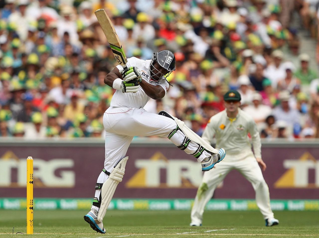 Michael Carberry plays a flamboyant pull stroke, Australia v England, 4th Test, Melbourne, 1st day, December 26, 2013