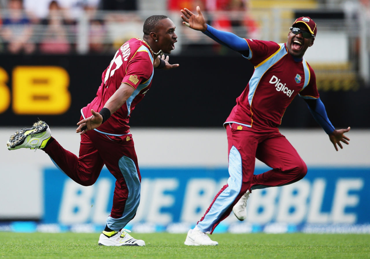 The Bravo brothers are ecstatic after Dwayne picks up a wicket, New Zealand v West Indies, 1st ODI, Auckland, December 26, 2013