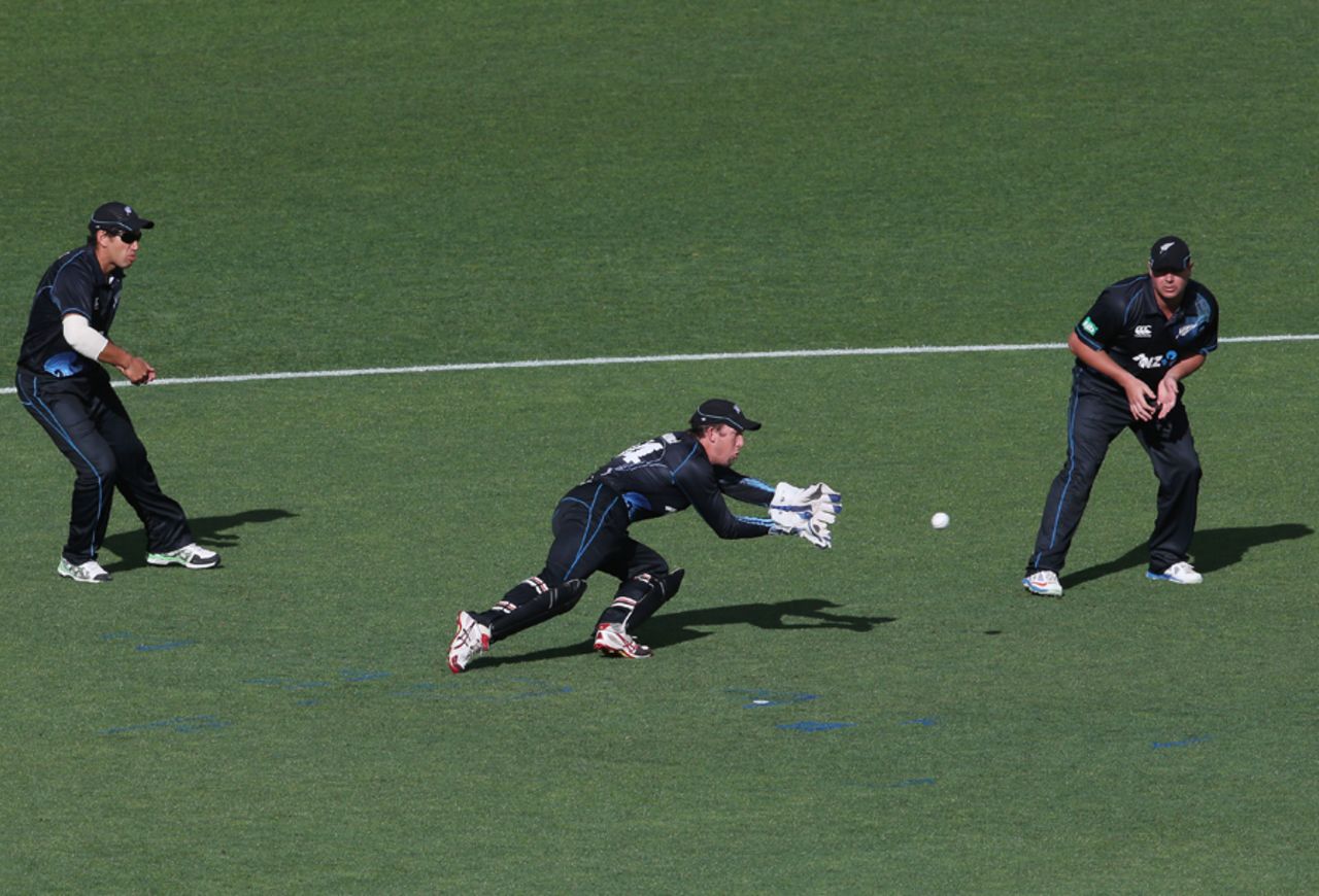 Luke Ronchi watches the ball into his gloves, New Zealand v West Indies, 1st ODI, Auckland, December 26, 2013
